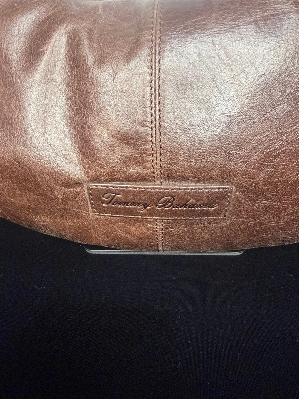 Tommy Bahama Brown Leather Shoulder Bag with Red & Orange Beaded Straps